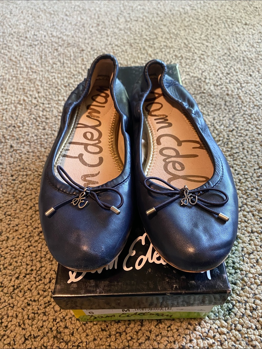 Sam Edelman Navy Leather Ballet Flats with Bow Accent